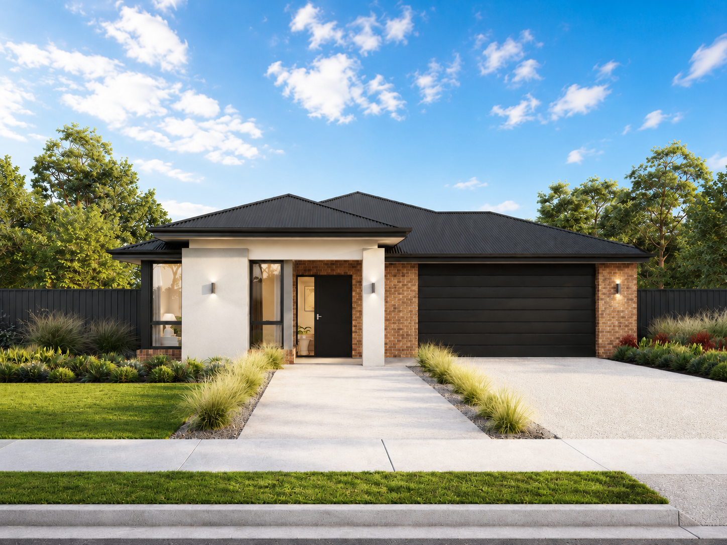 Modern co-living investment property with landscaped front garden, black garage door and bright blue sky.