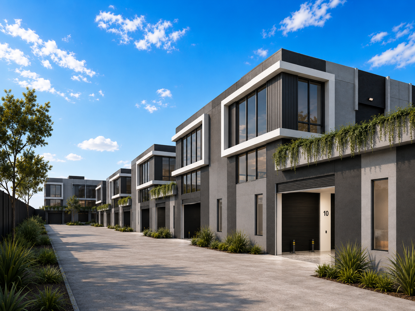 Modern commercial investment property complex with warehouse units, office spaces.