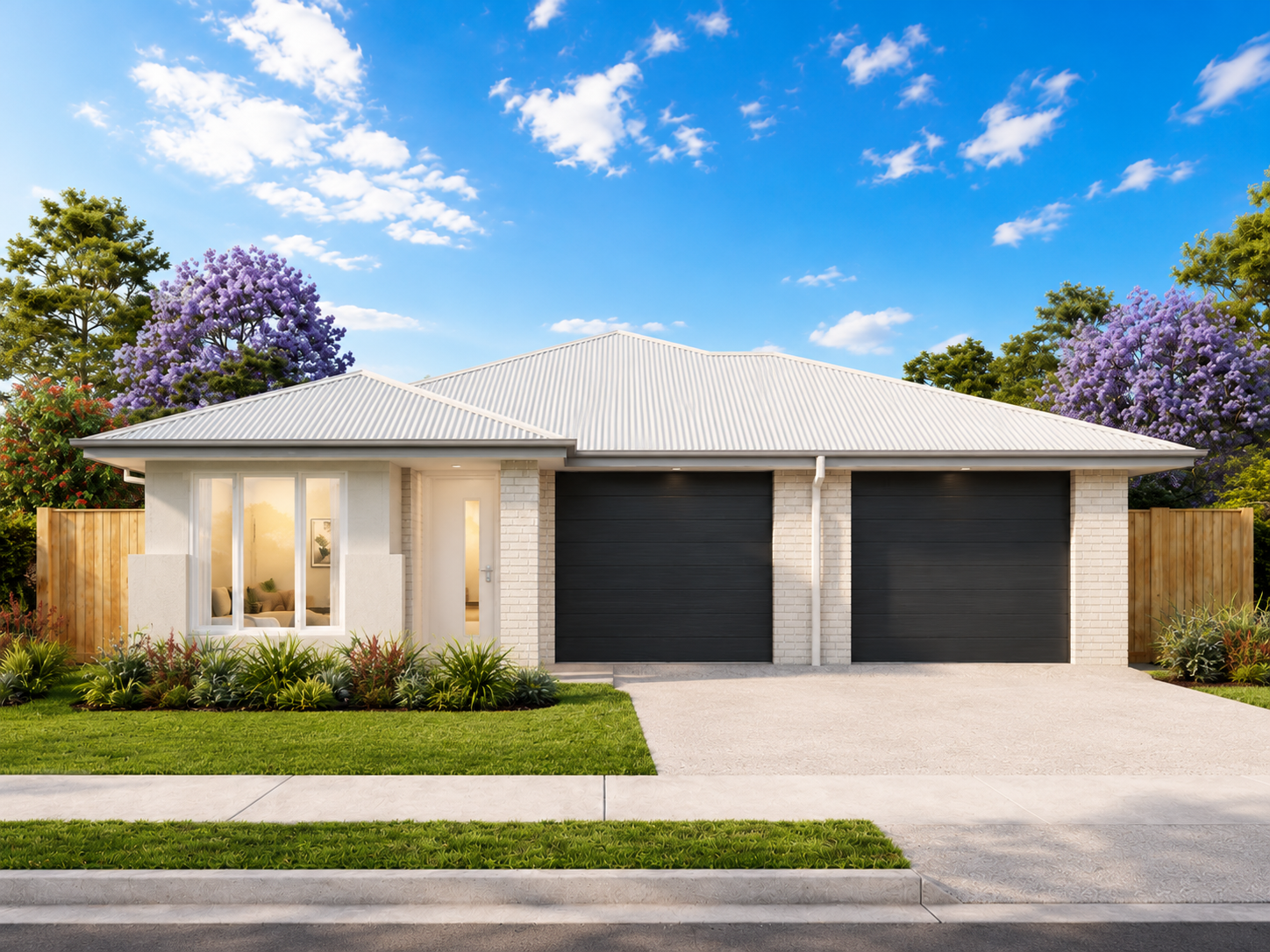 Modern dual key investment property with two separate garage doors and landscaped front garden.