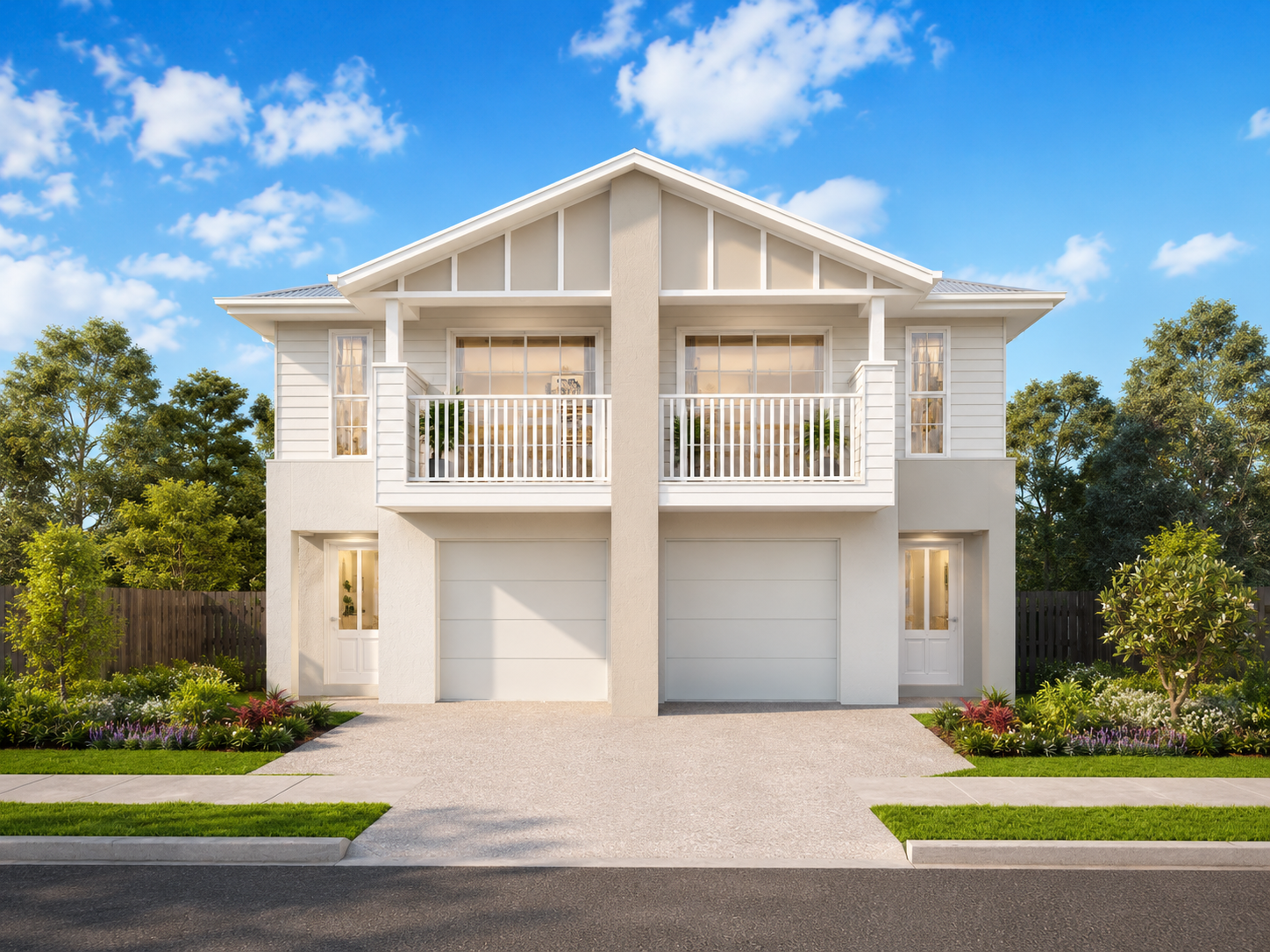 Modern duplex investment property with two residences, separate garages and landscaped front gardens