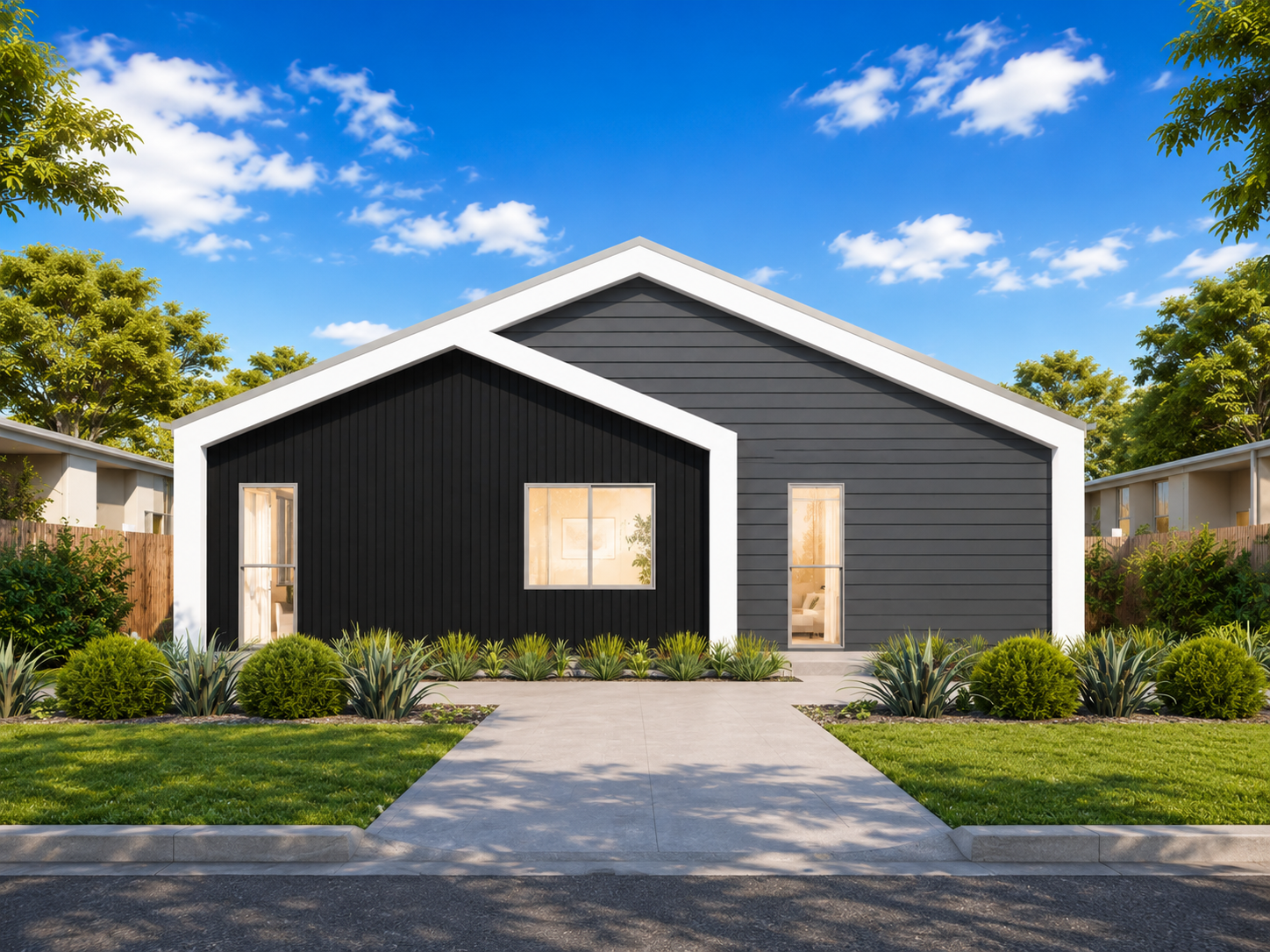 Contemporary rooming house investment property with dark cladding, landscaped frontage and central entry path.