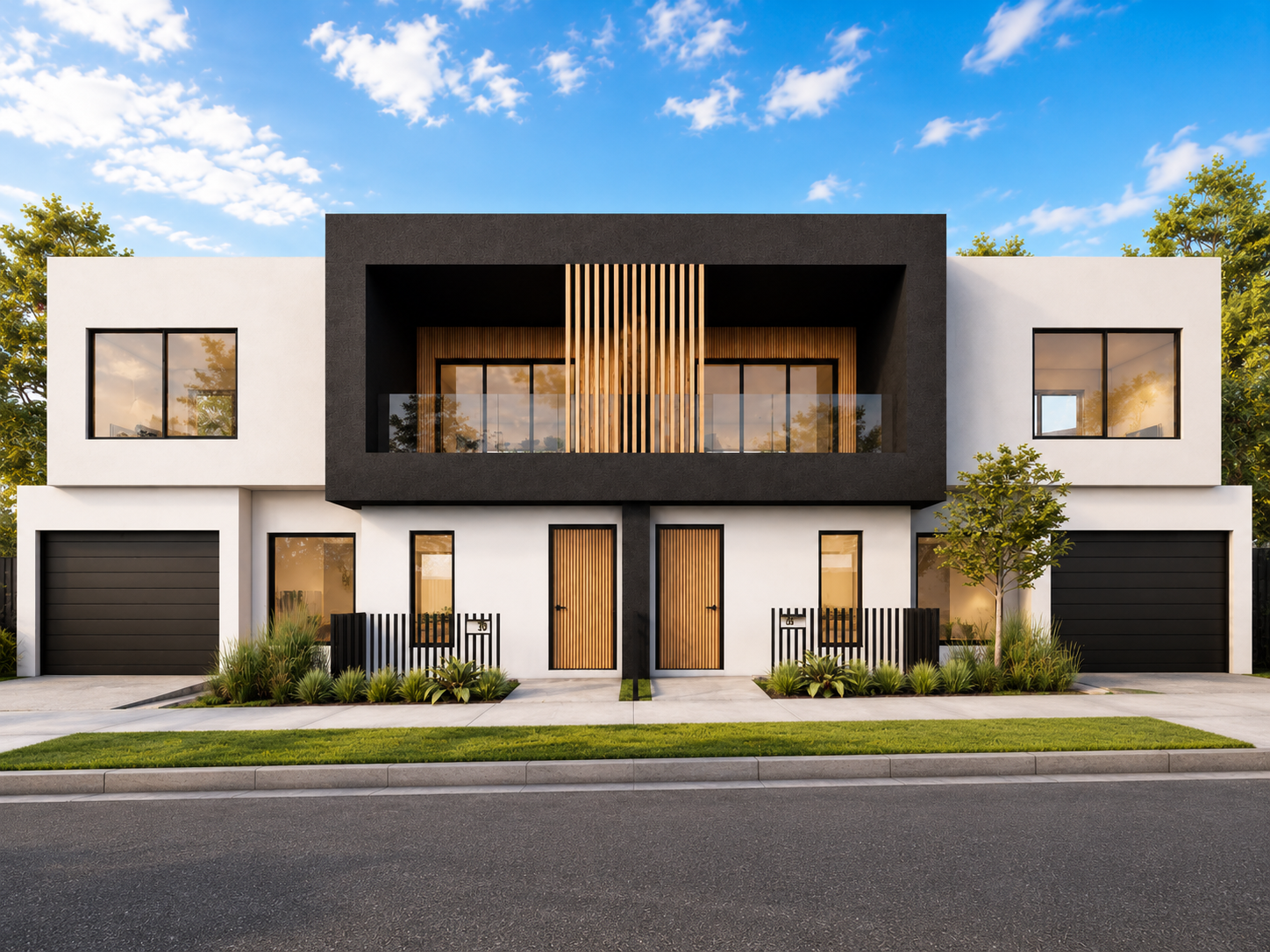 Modern townhouse investment property with two entrances, separate garages and timber architectural detailing